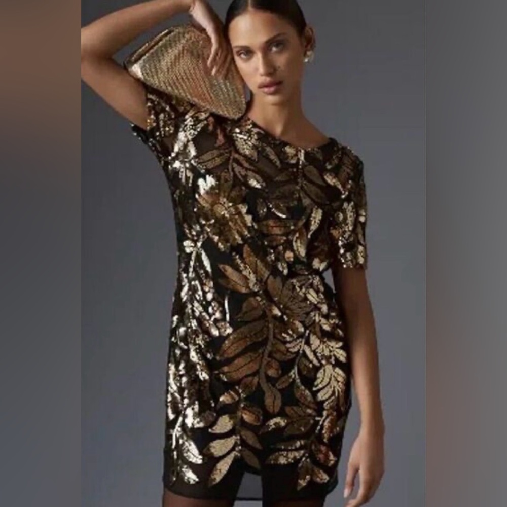 NWT Anthropologie Black and Gold Leaf Sequin Mini Dress